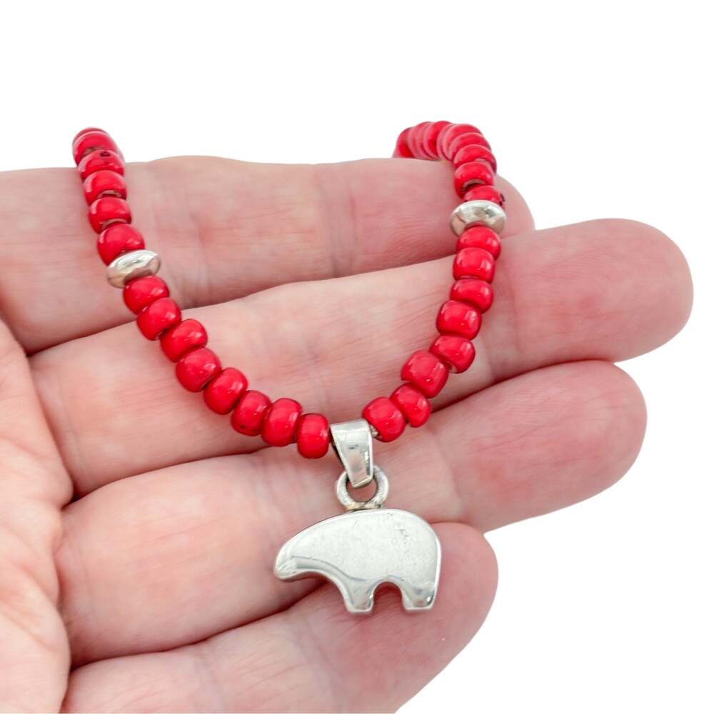 Vintage Mexican Sterling Silver 925 Red Coral Bead & Bear Double Lapel Pin